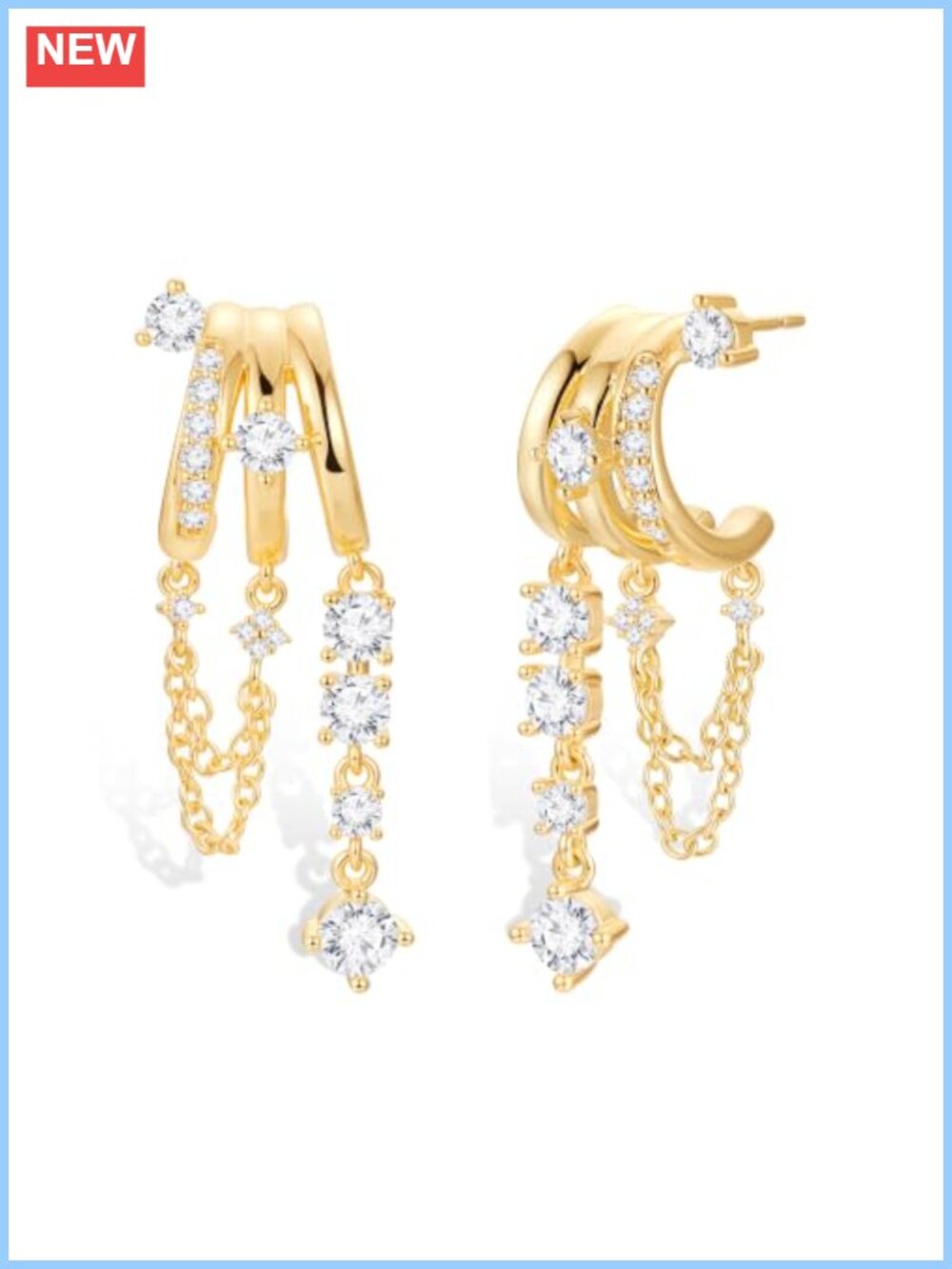 Triple Huggie Illusion Dangle Earrings 14K Gold Plated Brass